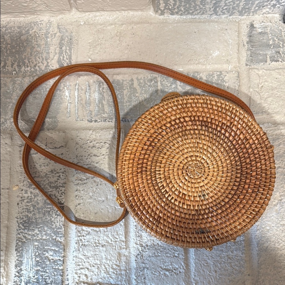 Round Woven Tan Crossbody Bag